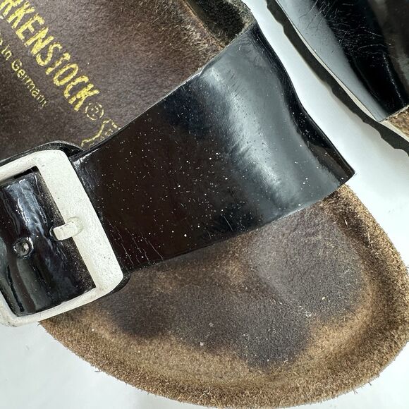 Birkenstock Arizona Patent Leather Black Sandals White Buckle Womens 38 US 7.5 - Picture 14 of 16